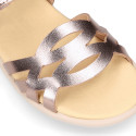 Girl leather Sandal shoes to dress with braided design in Gold color. RESPECTFUL model.