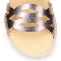 Girl leather Sandal shoes to dress with braided design in Gold color. RESPECTFUL model.