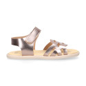 Girl leather Sandal shoes to dress with braided design in Gold color. RESPECTFUL model.