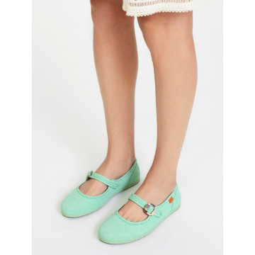 Girl's Mary Jane with Japanese-style buckle in COTTON canvas in WATER GREEN color.