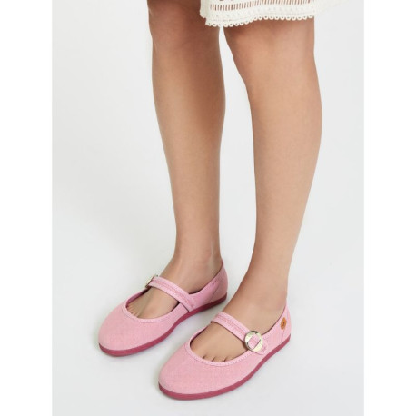 Girl's Mary Jane with Japanese-style buckle in COTTON canvas in WATER GREEN color.