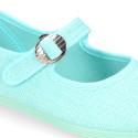 Girl's Mary Jane with Japanese-style buckle in LINEN canvas in aqua green color.