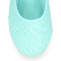 Girl's Mary Jane with Japanese-style buckle in LINEN canvas in aqua green color.