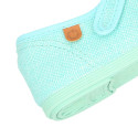 Girl's Mary Jane with Japanese-style buckle in LINEN canvas in aqua green color.