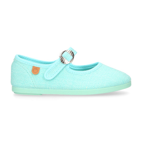 Girl's Mary Jane with Japanese-style buckle in LINEN canvas in aqua green color.