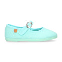 Girl's Mary Jane with Japanese-style buckle in LINEN canvas in aqua green color.
