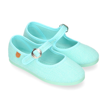Girl's Mary Jane with Japanese-style buckle in LINEN canvas in aqua green color.