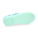 Girl's Mary Jane with Japanese-style buckle in LINEN canvas in aqua green color.