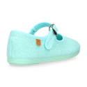 Girl's Mary Jane with Japanese-style buckle in LINEN canvas in aqua green color.