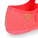Girl's Mary Jane with Japanese-style buckle in LINEN canvas in coral color.