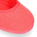 Girl's Mary Jane with Japanese-style buckle in LINEN canvas in coral color.