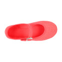 Girl's Mary Jane with Japanese-style buckle in LINEN canvas in coral color.