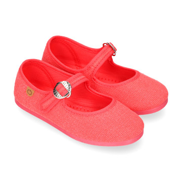 Girl's Mary Jane with Japanese-style buckle in LINEN canvas in coral color.
