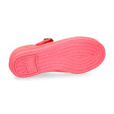 Girl's Mary Jane with Japanese-style buckle in LINEN canvas in coral color.