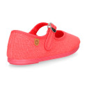 Girl's Mary Jane with Japanese-style buckle in LINEN canvas in coral color.