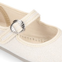 Girl's Mary Jane with Japanese-style buckle in LINEN canvas in IVORY color.