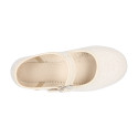 Girl's Mary Jane with Japanese-style buckle in LINEN canvas in IVORY color.