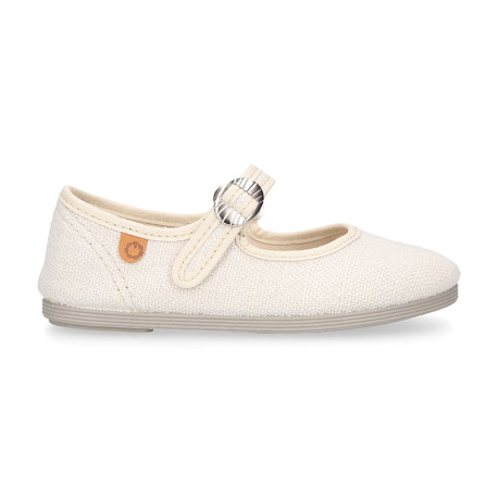 Girl's Mary Jane with Japanese-style buckle in LINEN canvas in IVORY color.