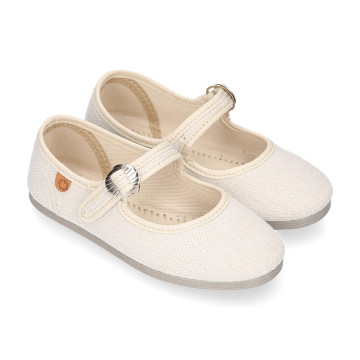 Girl's Mary Jane with Japanese-style buckle in LINEN canvas in IVORY color.