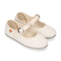 Girl's Mary Jane with Japanese-style buckle in LINEN canvas in IVORY color.