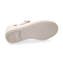 Girl's Mary Jane with Japanese-style buckle in LINEN canvas in IVORY color.
