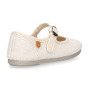 Girl's Mary Jane with Japanese-style buckle in LINEN canvas in IVORY color.