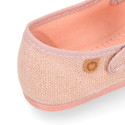 Girl's Mary Jane with Japanese-style buckle in LINEN canvas in NUDE color.