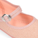 Girl's Mary Jane with Japanese-style buckle in LINEN canvas in NUDE color.