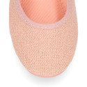 Girl's Mary Jane with Japanese-style buckle in LINEN canvas in NUDE color.
