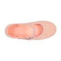 Girl's Mary Jane with Japanese-style buckle in LINEN canvas in NUDE color.