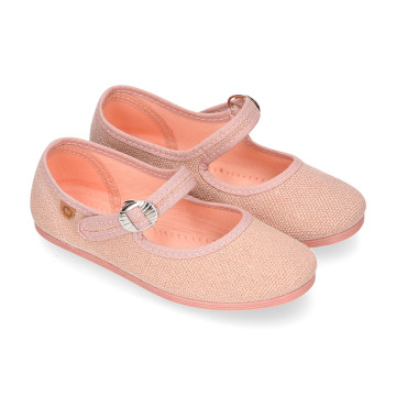 Girl's Mary Jane with Japanese-style buckle in LINEN canvas in NUDE color.