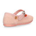 Girl's Mary Jane with Japanese-style buckle in LINEN canvas in NUDE color.