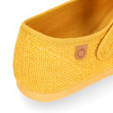 Girl's Mary Jane with Japanese-style buckle in LINEN canvas in NUDE color.