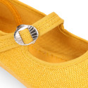 Girl's Mary Jane with Japanese-style buckle in LINEN canvas in NUDE color.