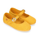Girl's Mary Jane with Japanese-style buckle in LINEN canvas in NUDE color.