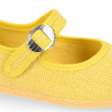 Girl's Mary Jane with Japanese-style buckle in LINEN canvas in YELLOW color.