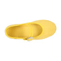 Girl's Mary Jane with Japanese-style buckle in LINEN canvas in YELLOW color.