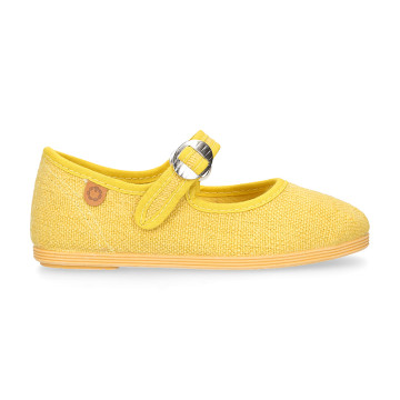 Girl's Mary Jane with Japanese-style buckle in LINEN canvas in YELLOW color.