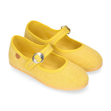 Girl's Mary Jane with Japanese-style buckle in LINEN canvas in YELLOW color.