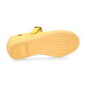 Girl's Mary Jane with Japanese-style buckle in LINEN canvas in YELLOW color.