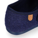 Girl's Mary Jane with Japanese-style buckle in LINEN canvas in BLUE color.