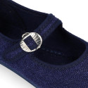 Girl's Mary Jane with Japanese-style buckle in LINEN canvas in BLUE color.