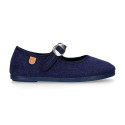 Girl's Mary Jane with Japanese-style buckle in LINEN canvas in BLUE color.