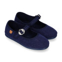 Girl's Mary Jane with Japanese-style buckle in LINEN canvas in BLUE color.