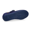 Girl's Mary Jane with Japanese-style buckle in LINEN canvas in BLUE color.