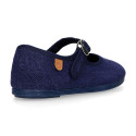 Girl's Mary Jane with Japanese-style buckle in LINEN canvas in BLUE color.