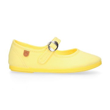Girl's Mary Jane with Japanese-style buckle in COTTON canvas in LEMON color.