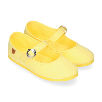 Girl's Mary Jane with Japanese-style buckle in COTTON canvas in LEMON color.