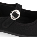 Girl's Mary Jane with Japanese-style buckle in COTTON canvas in BLACK color.