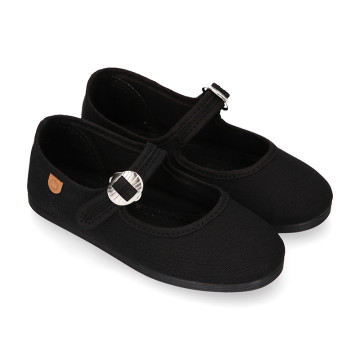 Girl's Mary Jane with Japanese-style buckle in COTTON canvas in BLACK color.
